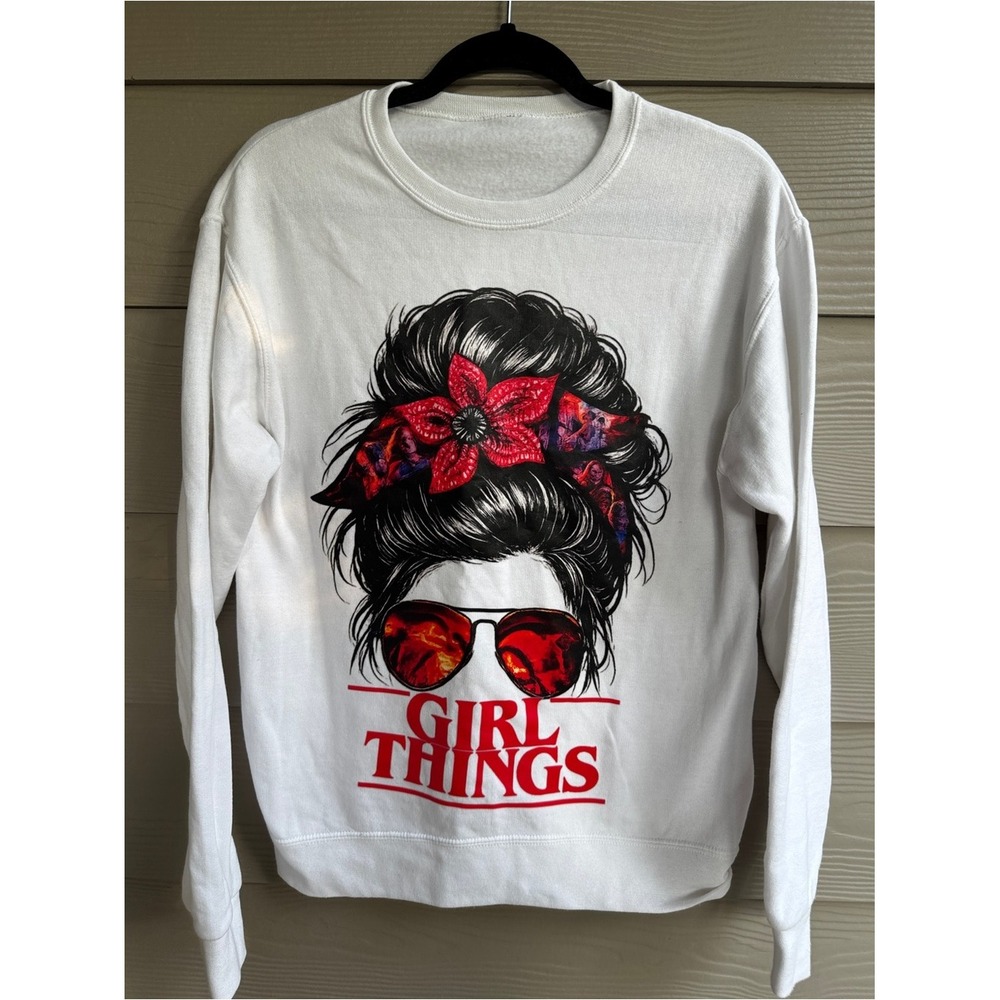 Stranger Things Girl Things White Graphic Sweatshirt Eleven Demogorgon Hawkins